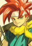  1boy chrono_trigger closed_mouth crono_(chrono_trigger) green_eyes headband highres holding holding_sword holding_weapon looking_at_viewer over_shoulder redhead scarf short_hair smile solo spiky_hair sword waku_(ayamix) weapon weapon_over_shoulder white_headband yellow_scarf 