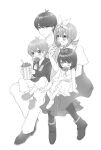  2boys 2girls blush bow bucket bucket_of_chicken chicken_(food) closed_mouth dress eating food fried_chicken full_body go-toubun_no_hanayome greyscale hair_bow highres holding holding_baby holding_bucket holding_food looking_at_another monochrome multiple_boys multiple_girls nakano_yotsuba open_mouth parent_and_child short_hair sitting sitting_on_lap sitting_on_person uesugi_fuutarou yu_(flowerbird3830) 