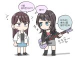  2girls ? akni bang_dream! bang_dream!_it&#039;s_mygo!!!!! black_footwear black_hair black_jacket black_shirt blue_eyes blue_skirt brown_hair closed_mouth collared_shirt commentary_request electric_guitar grey_skirt guitar holding holding_guitar holding_instrument instrument jacket korean_commentary korean_text long_hair looking_at_another mole mole_under_eye multiple_girls open_clothes open_jacket open_shirt red_shirt shiina_taki shirt simple_background skirt sparkle speech_bubble sweatdrop translation_request violet_eyes white_background white_shirt yahata_umiri 