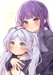  2girls absurdres black_robe blunt_bangs blush closed_mouth dangle_earrings earrings elf fern_(sousou_no_frieren) fingernails frieren green_eyes highres hug hug_from_behind jewelry long_hair long_sleeves looking_at_viewer looking_up multiple_girls parted_bangs pointy_ears pout purple_hair robe shikamori_kodama sidelocks simple_background sousou_no_frieren star_(symbol) star_in_eye straight_hair symbol_in_eye twintails twitter_username upper_body violet_eyes white_background white_hair wide_sleeves 