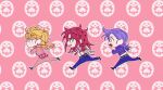  3boys beatmania_iidx blonde_hair braid braided_ponytail bug commentary_request cropped_sweater diavolo earrings fishnet_top fishnets giorno_giovanna green_eyes jewelry jojo_no_kimyou_na_bouken ladybug long_hair male_focus multiple_boys orange_eyes parody patterned_background pink_hair purple_hair purple_sweater running sempon_(doppio_note) single_braid smooooch spotted_hair stud_earrings sweater turtleneck turtleneck_sweater vento_aureo vinegar_doppio wristband 