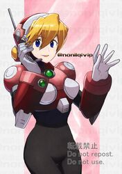  1girl alia_(mega_man) android armor blonde_hair blue_eyes commentary_request happy helmet joints mega_man_(series) mega_man_x_(series) navigator pink_armor pink_helmet robot_ears robot_joints short_hair solo yamanashi_taiki 