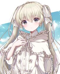  1girl 2021 absurdres ahoge blonde_hair blush bow capelet closed_mouth commentary_request dated_commentary dress dress_bow expressionless eyes_visible_through_hair frilled_capelet frills gattengou grey_eyes hair_between_eyes hair_ribbon hand_up highres kasugano_sora light_particles long_hair long_sleeves looking_at_viewer ribbon simple_background solo straight_hair twintails twitter_username upper_body very_long_hair white_background white_bow white_capelet white_dress white_ribbon yosuga_no_sora 