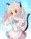  1girl :3 :d ahoge alternate_costume animal_ear_fluff animal_ears apron bare_arms blue_background blush cat_ears cat_tail commentary enmaided eyes_visible_through_hair frilled_apron frills hair_between_eyes long_hair looking_at_viewer maid maid_headdress nemu0701 onii-chan_wa_oshimai! open_mouth oyama_mahiro paw_pose puffy_short_sleeves puffy_sleeves red_eyes short_sleeves simple_background smile solo tail twintails 