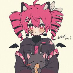  1girl animal animal_ears bandaid bandaid_on_face black_cat black_jacket blush bow cat cat_ears detached_wings drill_hair hair_between_eyes hair_bow hair_ornament hanbaozi_(hnbozi429891) holding holding_animal holding_cat jacket kasane_teto long_hair long_sleeves looking_at_viewer red_eyes red_trim redhead simple_background solo sparkling_eyes synthesizer_v twin_drills upper_body utau white_bow wings 