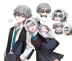  1boy 1girl black_hairband black_jacket black_skirt blush bow bowtie bracelet breasts brown_sweater_vest caelus_(honkai:_star_rail) chibi closed_eyes collared_shirt firefly_(honkai:_star_rail) floating_hair grey_hair hair_ornament hairband hand_in_pocket hetero honkai:_star_rail honkai_(series) hyo(shhonsr) jacket jewelry medium_breasts necktie open_mouth school_uniform shirt skirt smile star_(symbol) star_in_eye sweater_vest symbol_in_eye trailblazer_(honkai:_star_rail) trash_can two-tone_eyes waving white_background white_shirt yellow_eyes 