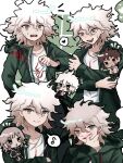  1girl 2boys :d ahoge black_pants brown_hair collarbone danganronpa_(series) danganronpa_2:_goodbye_despair gradient_hair hinata_hajime ikemen&#039;na_ore-shi jacket komaeda_nagito looking_at_viewer male_focus medium_hair messy_hair multicolored_hair multiple_boys multiple_views nanami_chiaki open_clothes open_jacket open_mouth pants print_shirt shirt smile teeth upper_teeth_only white_hair white_shirt 