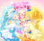  3girls baby blonde_hair blue_hair blue_hat blue_sash blue_scarf cape capelet closed_eyes clothing_cutout cure_ange cure_etoile cure_yell double_bun dress earrings frilled_cuffs garrison_cap group_hug hair_bun hair_ornament hat heart heart_hair_ornament hug hug-tan_(precure) hugtto!_precure jewelry kagayaki_homare long_hair magical_girl multiple_girls navel navel_cutout nono_hana open_mouth orange_dress pink_dress pink_hair pleated_dress ponytail precure sash scarf see-through see-through_sleeves short_dress short_sleeves showgirl_skirt sleeveless sleeveless_dress smile standing star_(symbol) star_earrings thigh-highs twitter_username very_long_hair violet_eyes white_capelet white_dress white_thighhighs yakushiji_saaya yellow_cape yui_(kanatamoo) 