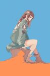  1girl bare_legs blue_background boots brown_eyes brown_footwear brown_hair closed_mouth emblem full_body green_jacket jacket long_hair long_sleeves looking_at_viewer original pomodorosa rock sidelocks sideways_glance simple_background sitting sleeves_past_wrists solo 