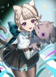  1girl absurdres animal_ear_fluff animal_ears blonde_hair bow carrying cat_ears cat_girl cat_tail facial_mark genshin_impact gloves grey_fur grey_hair highres il0ha_genshin long_hair long_sleeves looking_at_viewer lynette_(genshin_impact) open_mouth pantyhose solo star_(symbol) star_facial_mark tail violet_eyes 