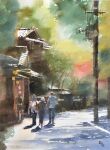  1girl 2boys building commentary day forest hanging_lantern highres multiple_boys nature original painting_(medium) plant power_lines realistic road scenery shadow street sunlight tile_roof traditional_media tree utility_pole watanabe_masato watercolor_(medium) 
