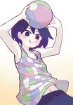  1boy arms_up ball bare_arms beachball blush checkered_clothes checkered_shirt child closed_mouth collarbone doroidsan gradient_background hair_between_eyes highres holding holding_ball kel_(headspace)_(omori) kel_(omori) navel omori orange_background pale_skin purple_hair purple_shorts shirt short_hair shorts sleeveless smile solo tank_top tongue tongue_out v-shaped_eyebrows violet_eyes white_background 