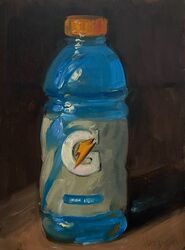  bottle brown_background commentary english_commentary food_focus gatorade highres label lightning_bolt_symbol logo no_humans noahverrier oil_painting_(medium) original painting_(medium) plastic_bottle shadow signature table traditional_media wooden_table 