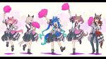  5girls :d ^_^ ahoge animal_ears aqua_hair arm_up beanie black_footwear black_jacket blue_hair boots bow brown_hair checkered_bow checkered_clothes closed_eyes commentary_request crossed_bangs curren_chan_(umamusume) ear_bow ear_covers ears_through_headwear frilled_sleeves frills green_skirt grey_bow hair_bow hairband hand_fan hand_up haru_urara_(umamusume) hat heel_up highres holding holding_microphone horse_ears horse_girl horse_tail jacket jumping leg_up letterboxed long_hair looking_at_viewer microphone multicolored_hair multiple_girls nakayama_festa_(umamusume) official_alternate_costume one_eye_closed open_mouth orange_eyes outstretched_arm pants pink_bow plaid plaid_pants plaid_skirt purple_bow sawa2neko sharp_teeth sidelocks skirt smart_falcon_(umamusume) smile sparkle splendor_of_onyx_(umamusume) standing standing_on_one_leg striped_bow tail teeth twin_turbo_(umamusume) twintails two-tone_hair umamusume very_long_hair violet_eyes white_background 