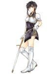  1girl armor black_hair boots breastplate dokkirium fire_emblem fire_emblem:_genealogy_of_the_holy_war gloves highres holding holding_sword holding_weapon larcei_(fire_emblem) looking_at_viewer planted planted_sword purple_tunic short_shorts shorts shoulder_armor sidelocks smile solo sword thigh_boots tomboy tunic weapon 