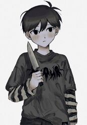  1boy antenna_hair arm_at_side black_eyes black_hair black_shirt closed_mouth commentary_request empty_eyes grey_background grey_shirt hair_behind_ear hair_between_eyes hand_up highres holding holding_knife kitchen_knife knife layered_clothes layered_shirt layered_sleeves long_sleeves male_focus no_pupils omori omori_(omori) sema_(vivaviva_02) shirt shirt_partially_tucked_in short_hair short_over_long_sleeves short_sleeves simple_background solo something_(omori) striped_clothes striped_shirt two-tone_shirt upper_body white_shirt 