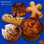  artist_logo blue_background chocolate_icing cookie food food_focus highres icing muffin no_humans nut_(food) original pastry yuki00yo 