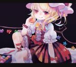 1girl ascot bat_wings blonde_hair crystal flandre_scarlet food hat hat_ribbon heart hiyuu_(hiyualice) macaron mob_cap multicolored_wings one_side_up puffy_short_sleeves puffy_sleeves red_eyes red_skirt red_vest ribbon short_sleeves side_ponytail skirt skirt_set solo star_(symbol) striped_clothes tongue tongue_out touhou vest white_hat wings yellow_ascot 