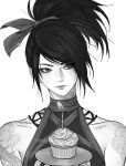  1girl akali artelsia bare_shoulders birthday_cake black_hair cake candle closed_mouth cupcake expressionless food greyscale hair_ribbon high_ponytail highres holding holding_plate league_of_legends lips monochrome plate ribbon shoulder_tattoo simple_background solo tattoo upper_body 