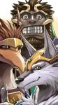  3boys animal_ears beak beakwood beast_warriors_gulkeeva bird_boy claws english_commentary furry furry_male garriel gorilla_boy greyfus inubiko looking_at_viewer multiple_boys profile smile thumbs_up upper_body wolf_boy wolf_ears 