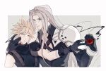  2boys armor black_coat black_gloves black_materia black_sweater blonde_hair bracer chest_strap cloud_strife coat final_fantasy final_fantasy_vii final_fantasy_vii_rebirth final_fantasy_vii_remake gloves green_eyes grey_background grey_hair hand_on_another&#039;s_cheek hand_on_another&#039;s_face hands_up highres holding_orb light_smile long_bangs long_hair long_sleeves looking_at_another looking_down male_focus materia multiple_boys parted_bangs pauldrons sephiroth short_hair shoulder_armor simple_background single_pauldron sleeveless sleeveless_sweater sleeveless_turtleneck spiky_hair suspenders sweater turtleneck turtleneck_sweater upper_body wxdctc 