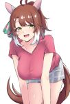  1girl absurdres ahoge animal_ears bent_over blush breasts brown_hair casual collarbone dantsu_flame_(umamusume) highres horse_ears horse_girl horse_tail large_breasts latte medium_hair open_mouth shorts solo tail umamusume white_background 