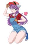  1girl :o absurdres arm_up blush commentary_request crop_top english_text glasses gloves hat highres holding light_blush long_hair looking_at_viewer norimaki_arale overalls purple_hair ramuneogura red_shirt shirt shoes short_sleeves simple_background sneakers socks solo t-shirt thighs violet_eyes white_background wings 