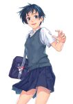  1girl bag bag_charm black_hair blue_eyes charm_(object) collared_shirt katou_akatsuki looking_at_viewer open_mouth original pleated_skirt school_bag school_uniform shirt short_hair short_sleeves skirt smile solo sweater_vest 