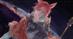  1boy cloak crystal_exarch dutch_angle final_fantasy final_fantasy_xiv g&#039;raha_tia highres hood hooded_cloak looking_at_viewer male_focus material_growth miqo&#039;te red_eyes redhead scepter solo tladpwl03 