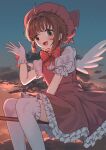  1girl blush brown_hair cardcaptor_sakura clouds dress frilled_dress frills green_eyes hat highres kinomoto_sakura looking_at_viewer magical_girl niizuka_(c-drop) open_mouth outdoors puffy_short_sleeves puffy_sleeves short_sleeves sitting sky smile solo star_(sky) starry_sky thigh-highs twilight waving white_thighhighs wings 