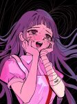  1girl :d apron bandaged_arm bandages black_background blush collared_shirt crazy_eyes danganronpa_(series) danganronpa_2:_goodbye_despair grey_apron hands_up long_hair migi_(user_juhu3444) pink_hair pink_shirt shirt simple_background smile solo tears teeth tsumiki_mikan two-tone_shirt upper_body upper_teeth_only 