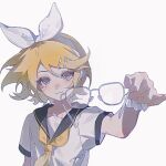  1girl :3 black_sailor_collar blonde_hair blue_eyes bow chinese_commentary closed_mouth commentary_request ensoleillee eyelashes fingernails glasses hair_bow hair_ornament hairband hairclip highres holding holding_removed_eyewear kagamine_rin light_blush looking_at_viewer making-of_available neckerchief sailor_collar sailor_shirt scrunchie shirt short_hair short_sleeves simple_background smile solo unworn_eyewear upper_body vocaloid white-framed_eyewear white_background white_bow white_hairband white_headphones white_scrunchie white_shirt wrist_scrunchie yellow_neckerchief 