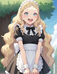 ai-generated aurore_(takatou_sora) black_dress blonde_hair blue_eyes blue_sky blurry blurry_background blush clenched_hands clouds cowboy_shot dress happy heart heart-shaped_pupils highres long_hair maid non-web_source open_mouth outdoors portrait shy sky smile standing surprised symbol-shaped_pupils tears teeth tongue tree upper_teeth_only v_arms very_long_hair wavy_hair 