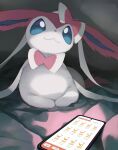  :3 animal_focus blue_eyes body_fur bow bowtie cellphone jolteon looking_at_viewer nagasaki_wonderful phone pink_bow pink_bowtie pink_fur pokemon pokemon_(creature) pokemon_go smartphone solo sylveon under_covers white_fur 