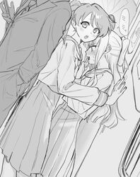  1other 2girls absurdres blush business_suit commentary_request from_side full-face_blush greyscale hanabishi_haruka hand_in_pocket head_out_of_frame highres holding holding_phone kabedon long_hair long_skirt mahou_shoujo_ni_akogarete monochrome multiple_girls necktie open_mouth phone pleated_skirt profile saiki_(mumei_912) sandwiched school_uniform serafuku sketch skirt suit sweat tenkawa_kaoruko train_interior twintails yuri 