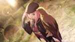  1girl 22/7 22/7_ongaku_no_jikan adjusting_clothes adjusting_headwear bird bird_on_hand brown_hat brown_jacket center-flap_bangs dutch_angle falcon falconry falconry_glove from_above game_cg green_eyes hat highres jacket japanese_clothes kamiki_mikami kimono lens_flare long_hair long_sleeves looking_at_viewer non-web_source obi official_art open_mouth outdoors pink_hair plaid plaid_scarf sash scarf smile solo sparkle 