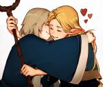  2girls absurdres ambrosia_(dungeon_meshi) blonde_hair blue_capelet blue_robe capelet closed_eyes dungeon_meshi elf falin_touden falin_touden_(tallman) grey_hair heart highres holding holding_staff hood hooded_capelet hug kiss kissing_cheek long_hair marcille_donato multiple_girls pointy_ears robe staff white_robe xivahtune yuri 