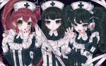  3girls ao_(ao0_0nemu) armband bad_id bad_twitter_id bandaged_hand bandages black_hair blue_eyes bow brown_hair claw_pose commentary_request covering_own_mouth fang gaaruru_(pripara) gothic_lolita hair_bow hand_over_own_mouth hands_up hat headphones highres holding holding_syringe intravenous_drip juliet_sleeves kurosu_aroma lolita_fashion long_hair long_sleeves looking_at_viewer multiple_girls nurse_cap open_mouth ponytail pretty_series pripara puffy_sleeves redhead scissors shiratama_mikan sidelocks syringe twintails yellow_eyes 