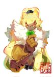  1boy body_fur clover digimon digimon_(creature) four-leaf_clover highres holding holding_clover male_focus simple_background solo symbareangoramon upper_body white_background yellow_fur youzaiyouzai112 