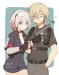  1boy 1girl aventurine_(honkai:_star_rail) black_gloves blonde_hair chest_harness earpiece erua_(_8eru) fingerless_gloves gloves gun hand_in_pocket handgun harness highres holding holding_gun holding_weapon honkai:_star_rail honkai_(series) multicolored_hair one_eye_closed redhead short_hair smile streaked_hair topaz_(honkai:_star_rail) violet_eyes weapon white_hair 