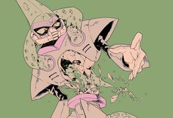  1boy acid acid_man arm_armor armor black_sleeves bubble commentary_request crack damaged falling floating floating_liquid glass_shards gloves green_armor green_background green_pants green_theme hand_up highres humanoid_robot looking_at_viewer male_focus mask mega_man_(classic) mega_man_(series) mega_man_11 mouth_mask no_humans numazoko_3 orange_eyes pants reaching reaching_towards_viewer robot robot_ears severed_torso shoulder_armor simple_background solo spread_fingers tears tsurime tube white_gloves 