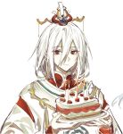  1boy bai_dici cake call_of_cthulhu chinese_clothes closed_mouth detached_sleeves food headdress holding holding_cake holding_food long_bangs long_sleeves male_focus mole mole_under_mouth pale_skin red_eyes simple_background smile solo white_background white_hair xiaohuaitongxue xu_du_chunfeng 