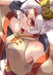  1girl ;) arm_up bare_shoulders black_gloves breasts brown_shirt gloves grey_hair hair_ornament hair_stick medium_breasts one_eye_closed parted_lips purah red_eyes round_eyewear seri_(yuukasakura) shirt short_hair smile solo teeth the_legend_of_zelda the_legend_of_zelda:_tears_of_the_kingdom upper_body 