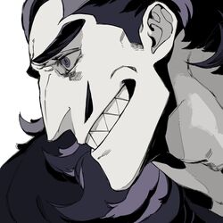  1boy aquiline_nose black_eyes black_hair close-up colored_skin desha_(ousama_ranking) facial_hair furrowed_brow grey_eyes grey_skin highres huge_eyebrows male_focus medium_hair mullet muscular muscular_male mustache ousama_ranking pencil_mustache portrait profile sanpaku sashimi_oran sharp_teeth solo teeth 