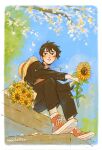  1boy artist_name black_hair blue_sky bouquet branch day flower hat highres holding holding_flower looking_to_the_side male_focus monkey_d._luffy morilatte_art one_piece outdoors parted_lips scar scar_on_face school_uniform short_hair sitting sky smile straw_hat sunflower unworn_headwear white_flower 