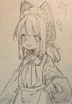  1girl abara_heiki animal_ear_headphones animal_ears apron blue_archive blush dress fake_animal_ears greyscale headphones highres long_sleeves looking_at_viewer maid_apron midori_(blue_archive) monochrome open_mouth short_hair sketch smile solo traditional_media upper_body 