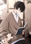  1boy absurdres animal artist_name black_hair book cafe cat cat_cafe cat_tail choker coffee coffee_mug collared_shirt commentary_request cup glasses green_eyes hair_between_eyes hanami_haru highres holding holding_book mug original pants shirt short_hair sitting solo sweater tail 