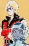  1980s_(style) 2boys belt black_hair blonde_hair concept_art friends gloves gundam helmet highres ink_(medium) insignia kamille_bidan looking_at_viewer marker_(medium) mullet multiple_boys official_art production_art quattro_bajeena retro_artstyle scan science_fiction sketch spacesuit sunglasses traditional_media uniform vest yasuhiko_yoshikazu yellow_background zeta_gundam 