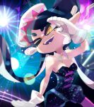  1girl ;d bare_shoulders black_hair black_jumpsuit bow-shaped_hair callie_(splatoon) detached_collar earrings food food_on_head gloves hand_up highres inkling jewelry jumpsuit koike3582 long_hair mole mole_under_eye object_on_head one_eye_closed open_mouth pantyhose pink_pantyhose pointy_ears short_jumpsuit smile solo splatoon_(series) strapless strapless_jumpsuit teeth tentacle_hair very_long_hair white_gloves yellow_eyes 