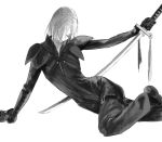  1boy armor black_bodysuit black_footwear black_gloves bodysuit boots closed_eyes colored_skin final_fantasy final_fantasy_vii final_fantasy_vii_advent_children foot_out_of_frame gloves grey_hair greyscale hair_over_one_eye head_down highres holding holding_sword holding_weapon kadaj katana leather long_sleeves male_focus monochrome short_hair shoulder_armor solo sword thigh_strap weapon white_background white_skin xscr1205 